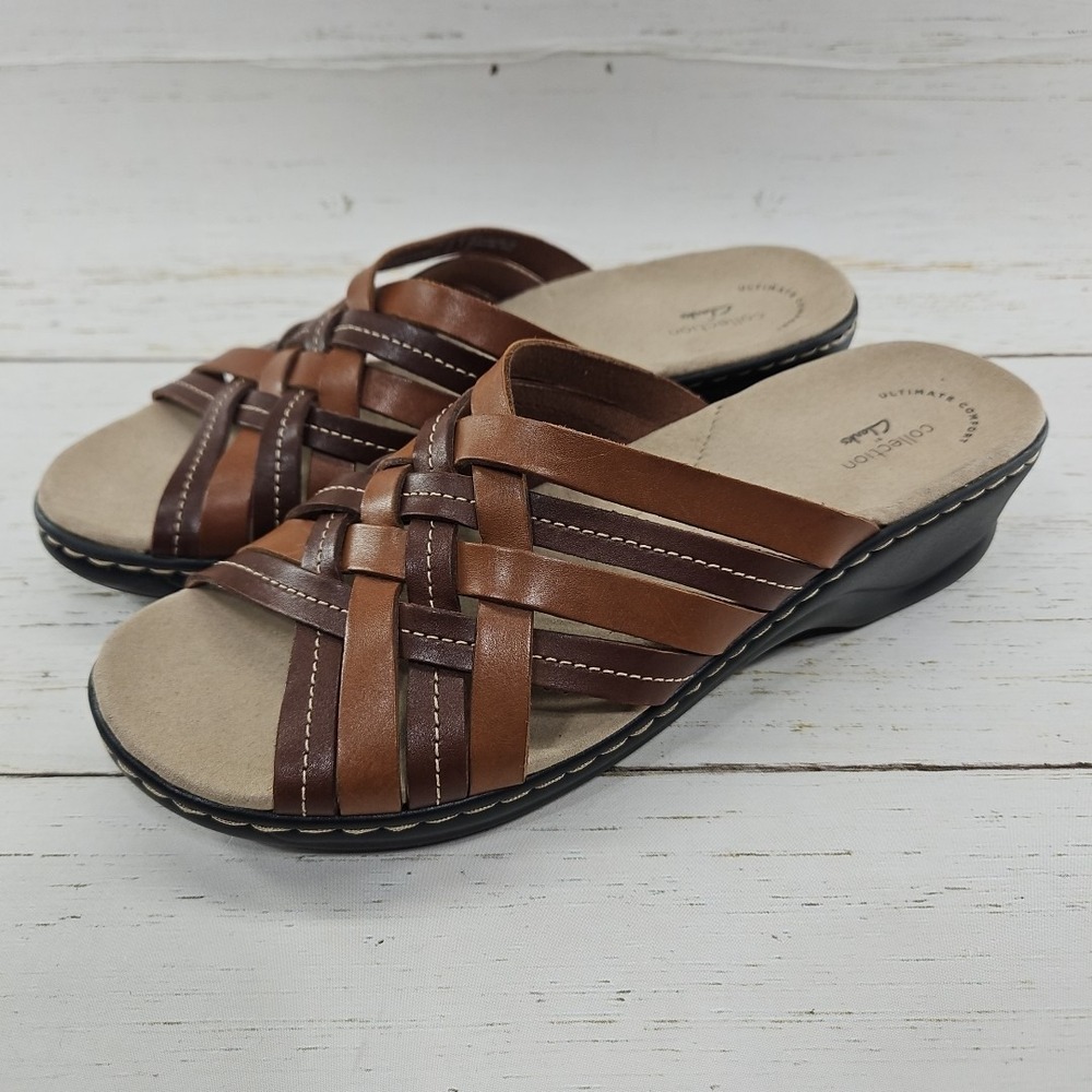 Clarks Lexi Salina Womens 9.5 Brown Leather Strappy Sandals Shoes Slip On